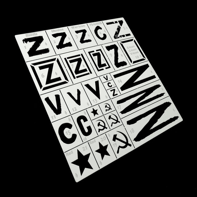 1/35 white plastic stencil with Russian invasion markings, Cyrillic, hammer-sickle