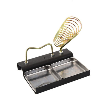 Black metal soldering iron support station with gold spring holder
