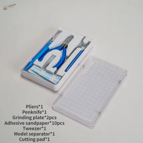 7pcs basic model building tool set featuring white and blue plastic-handled pliers with metallic jaws in acrylic case