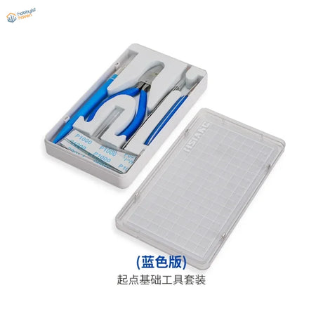 7pcs basic model building tool set with blue-handled precision hobby tools in a white plastic case with clear lid