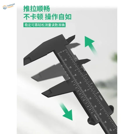 Black 150mm plastic caliper with vernier markings and ergonomic design