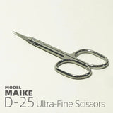 MAIKE D25 long tip scissors lying flat, shown from the side