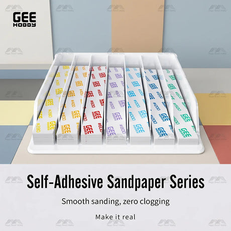GeeHobby self-adhesive white sandpaper strips with colorful branding grits x 20pcs in a white tray for sanding sticks bonus toy kit