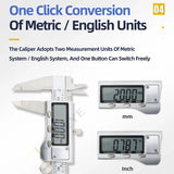 Silver digital vernier caliper with dual metric and english unit display for precise scale modeling measurements
