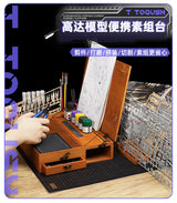 Wooden portable hobby station with integrated tools and storage compartments for togush gundam model assembly