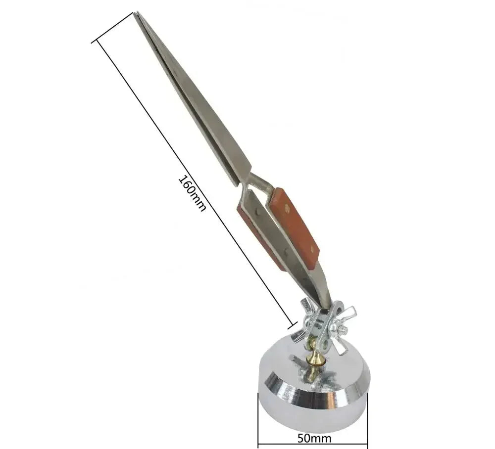 Silver reverse tweezers with wooden handles, 160mm, on weighted base
