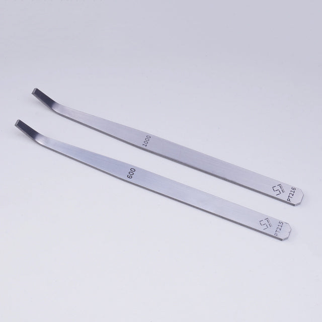 Silver curved-tip tweezers on 600#/1000# precision angled file