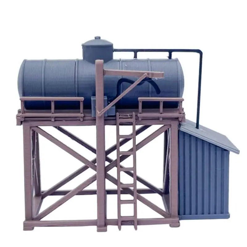 Blue plastic ho scale 1 87 storage tank kit featuring a water tower with ladder and small shed model