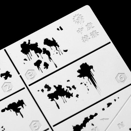 White plastic scratches stencils with black ink weathering effects for scale modeling