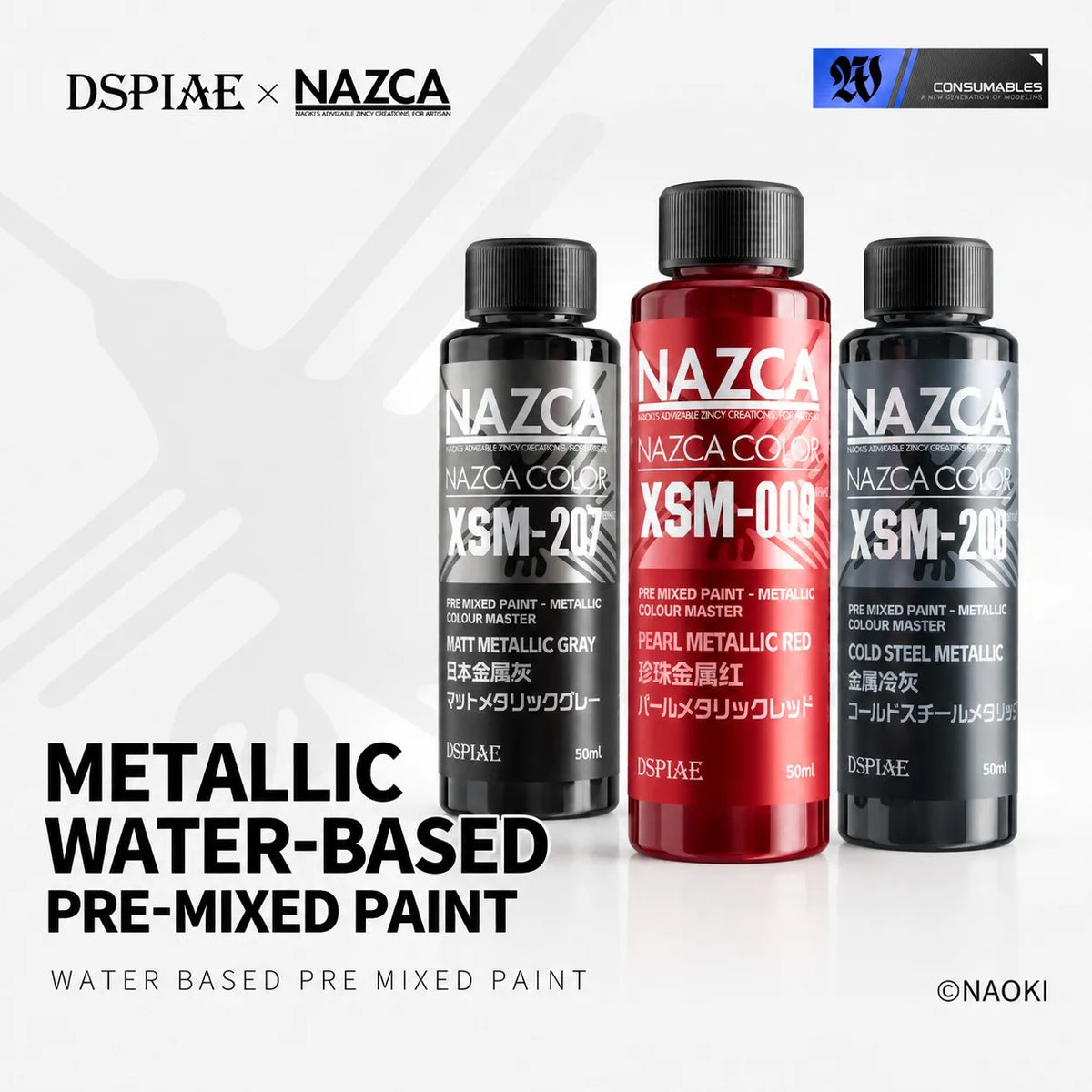Three DSPIAE x Nazca XSM metallic paint bottles: matte metallic gray, pearl metallic red and cold steel metallic