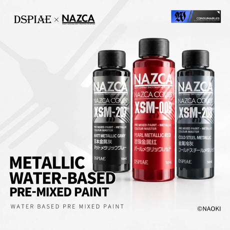 Three DSPIAE x Nazca XSM metallic paint bottles: matte metallic gray, pearl metallic red and cold steel metallic