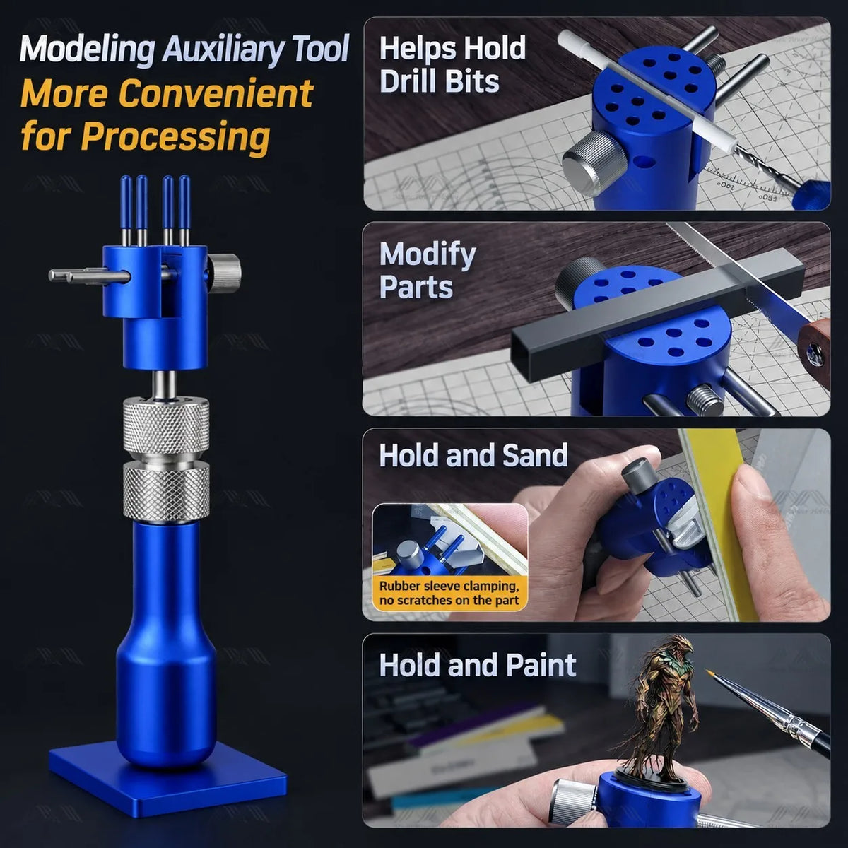 Blue Stedi vise holding drill bits, a part being modified, a part being sanded and a painted miniature