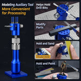 Blue Stedi vise holding drill bits, a part being modified, a part being sanded and a painted miniature