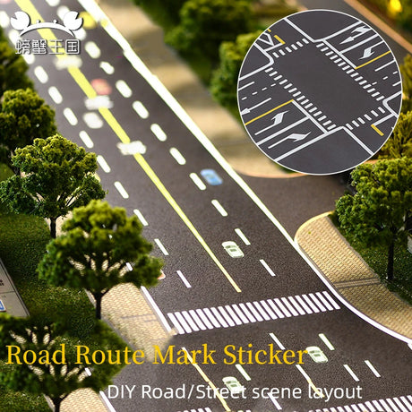 Road marking sticker layout with lane lines, crossings and trees