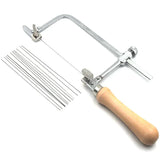 Adjustable wire saw with a silver handle, wooden grip, and kit includes medium-tooth blades rated for precision cutting