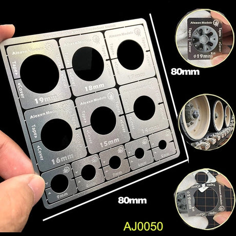 1/35 scale modeling stencils for AFV wheels with precision silver metal cutouts