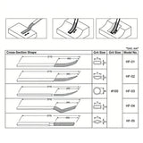 Technical diagram of hf series diamond abrasive sanding files with five shapes and 100# grit for scale modeling tools