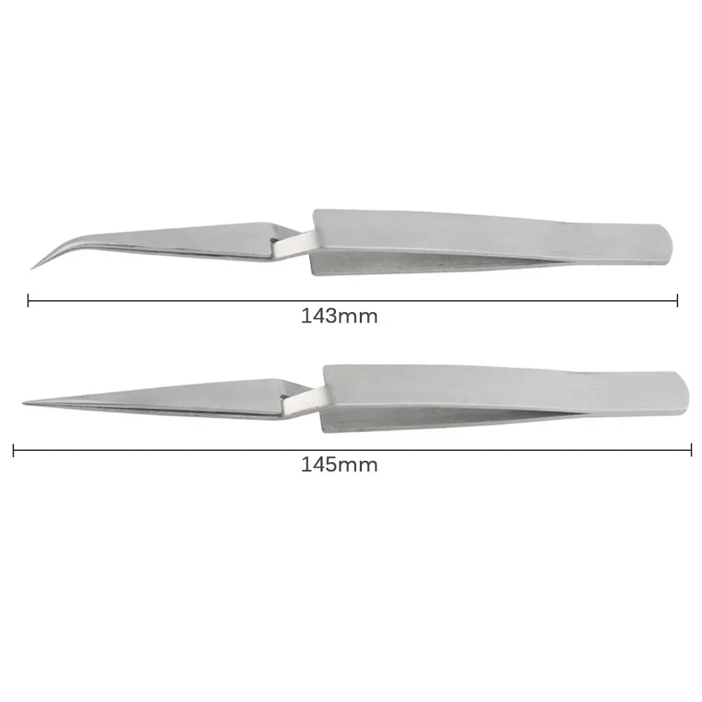 Stainless steel reverse tweezers, curved and straight, 143 and 145 mm