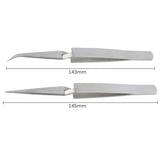 Stainless steel reverse tweezers, curved and straight, 143 and 145 mm
