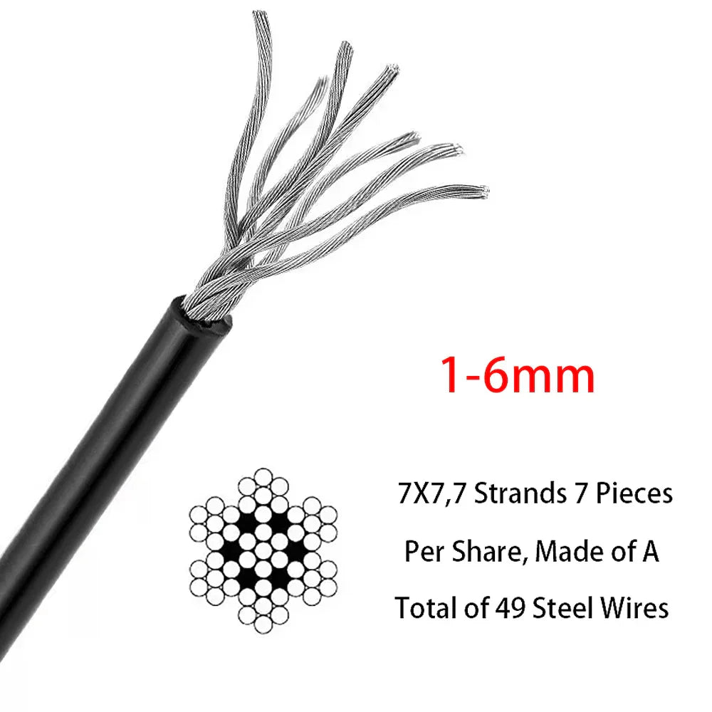 Black 7x7 braided steel wire with 49 exposed silver strands