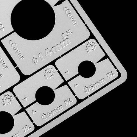 1/35 scale modeling stencils for AFV wheels with silver metal template and circular cutouts