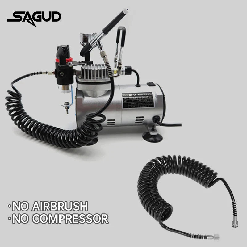 Silver sagud air compressor with black spring-coil hose stretches featuring a pressure regulator for coiled air line use