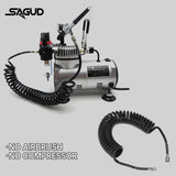 Silver sagud air compressor with black spring-coil hose stretches featuring a pressure regulator for coiled air line use