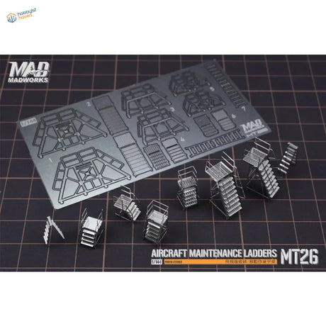 Silver metallic Mad Works MT26 aircraft maintenance ladders, 8pcs 1/144 set