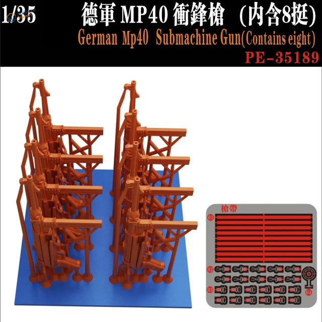 8pcs 1/35 3D-printed scale models of MP-40 submachine gun on orange stand