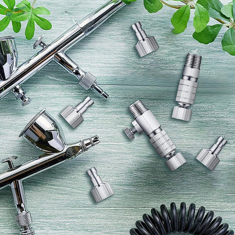 Shiny chrome 8pcs airbrush adapters set with quick disconnect nozzles