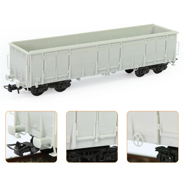 Gray plastic ho scale 1:87 gondola wagon with black wheels and detailed coupling mechanisms for model building tools