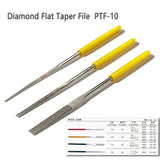 Set of three yellow-handled diamond-coated mini files with metallic textured surfaces for scale modeling use