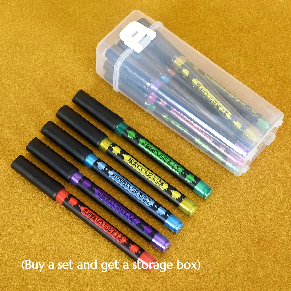 Set of six lazy master metallic black-bodied marker pens with colorful hexagonal accents and clear plastic case
