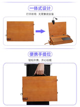 A light brown wooden portable hobby station with built-in lamp and adjustable tray for versatile crafting use