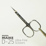 MAIKE D25 scissors held open to show the fine curved blade tips