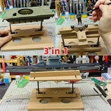 Wooden 3-in-1 model building clamp kit stand with adjustable metal legs and circular cutouts for scale modeling tools