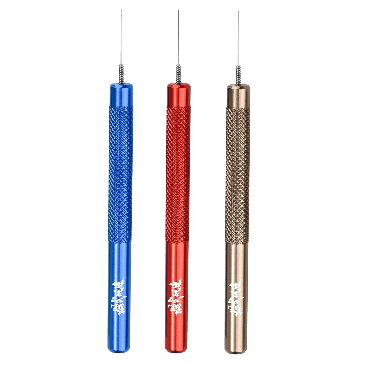 Precision glue dispensing stick with blue, red, gold tools