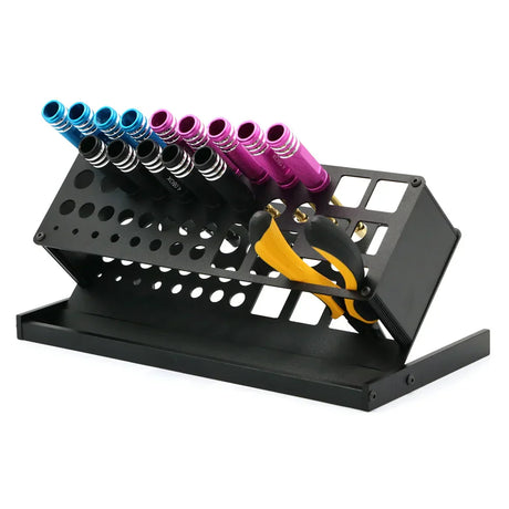 Metallic angled holding shelf with black tool organizer, colorful screwdrivers, yellow pliers