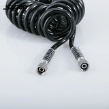 Black sagud spring coil airbrush hose with metallic threaded connectors designed as a durable coiled air line