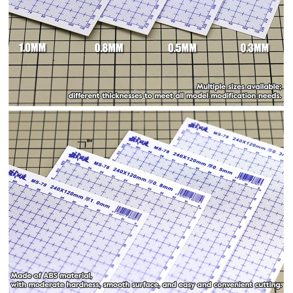 White abs plastic modeling sheets with blue grid markings and measurement lines for precise model modification