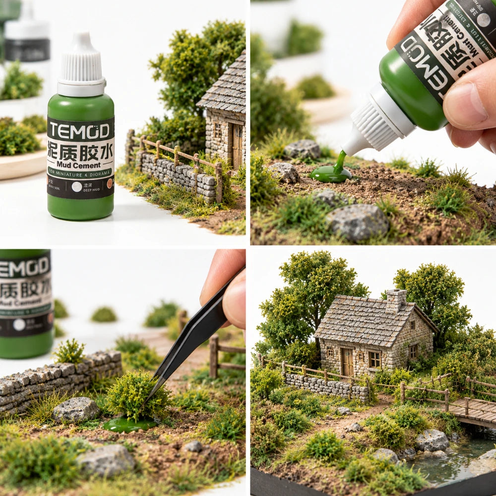 TEMOD mud glue bottle with diorama scenes of grass, rocks and a stone cottage