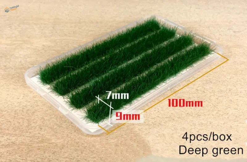 9mm static grass strips with 7mm and 9mm deep green tufts in clear tray