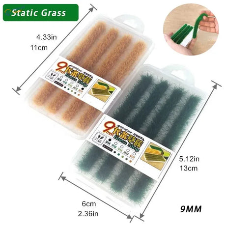 9mm static grass strips in green tan brush sets, clear packaging