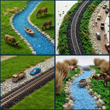 A miniature wooden rowboat with oars on blue gravel riverbed included in a 9pcs diorama scenery starter pack with crushed coal