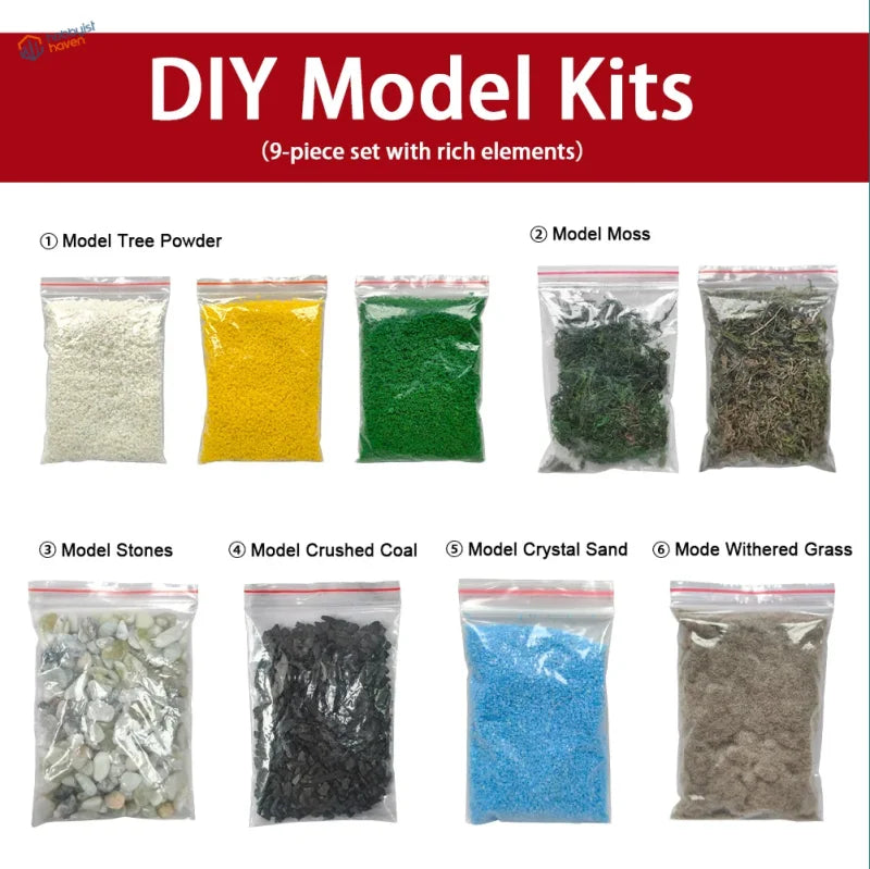 9pcs diorama scenery material set with crushed coal and natural elements in clear bags for scenery starter pack use
