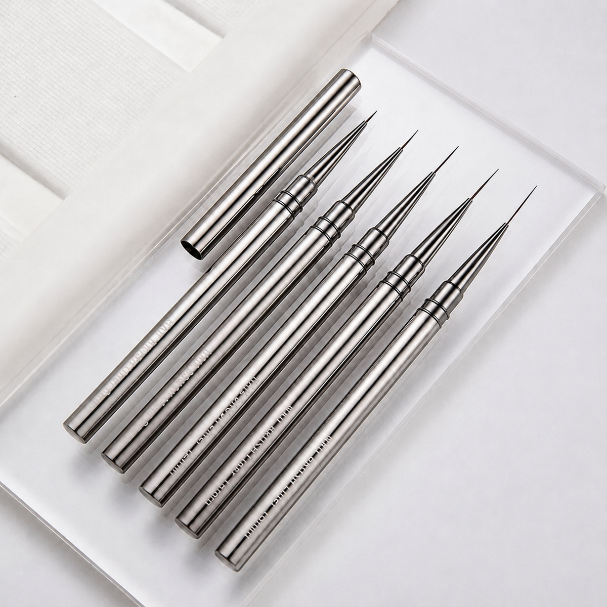 Set of 5 ultra-fine liner brushes with slim metal handles and needle-fine tips, 6mm to 18mm