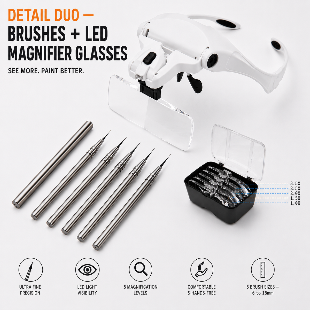 Detail Duo bundle: 5 ultra-fine liner brushes with the LED headband magnifier glasses and its 5 interchangeable lenses
