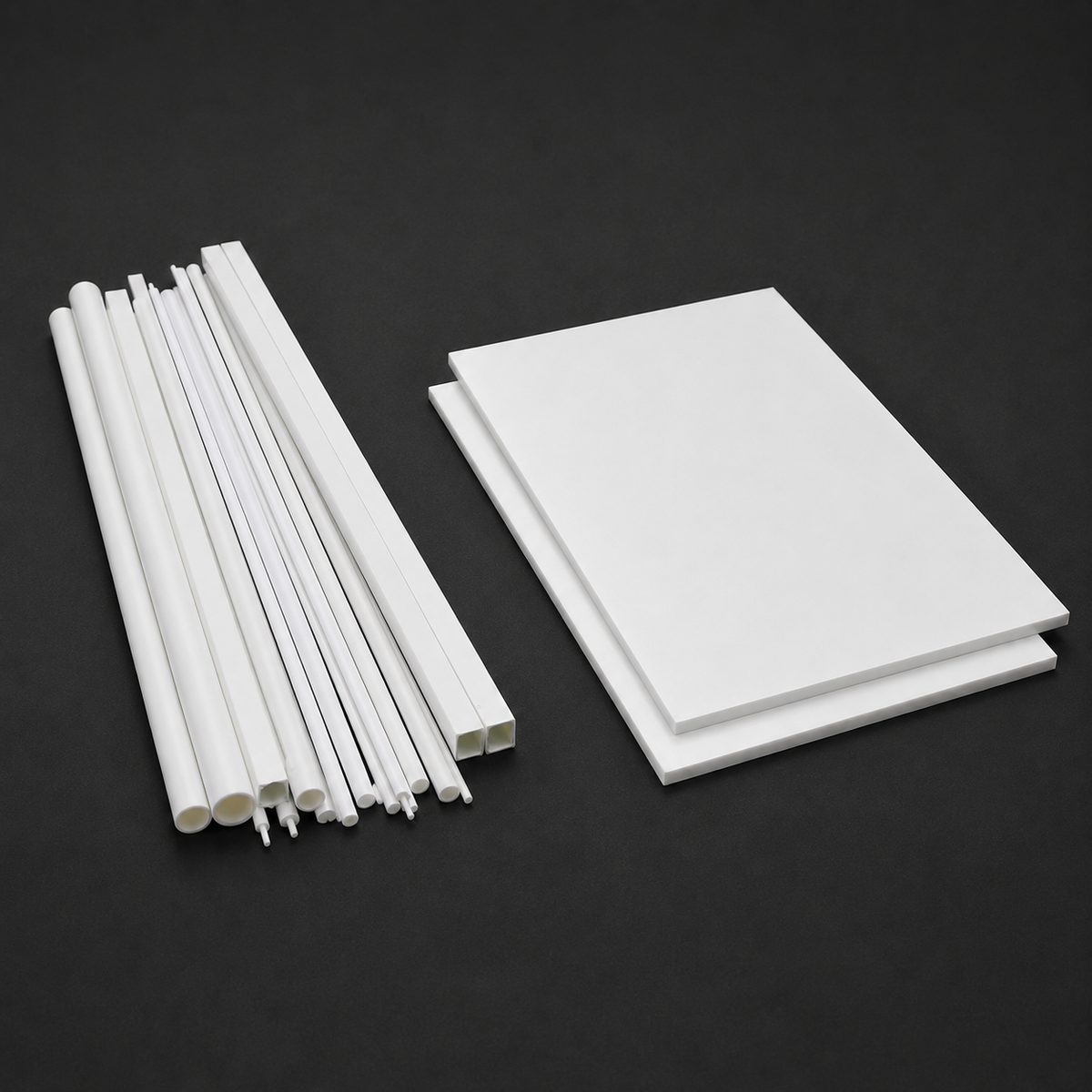 48pcs styrene round and square rods in white plastic varying in diameter for scale modeling projects