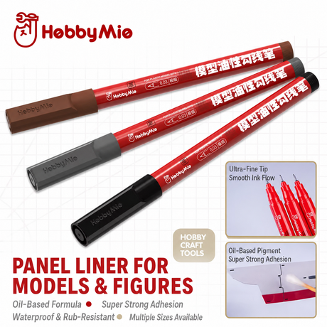 Red and brown hobbymie fine panel liner pens with black caps designed for detailed model painting use