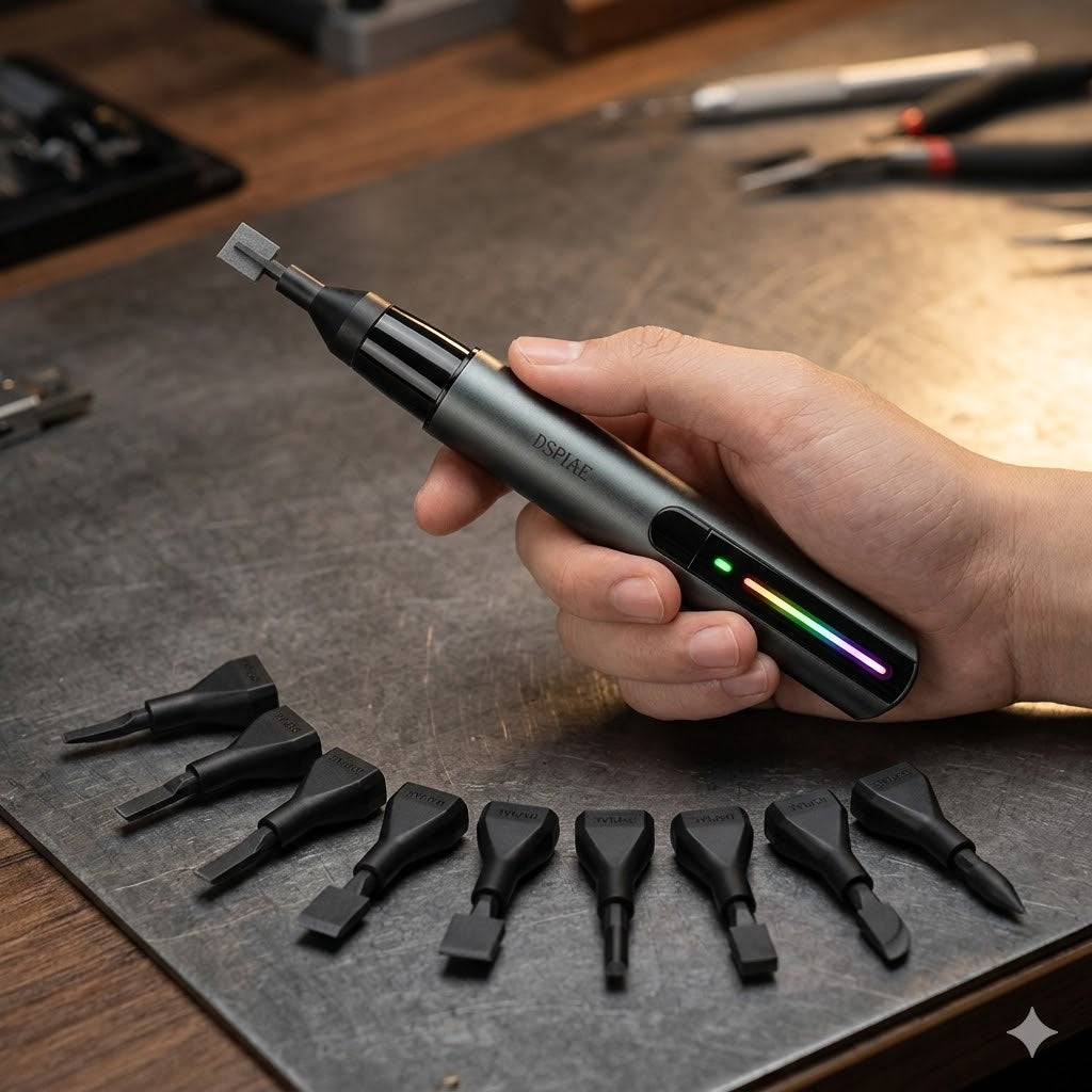 Lijadora de vaivén eléctrica DSPIAE ES-A mostrada con múltiples accesorios de cabezales intercambiables en un banco de trabajo de modelismo